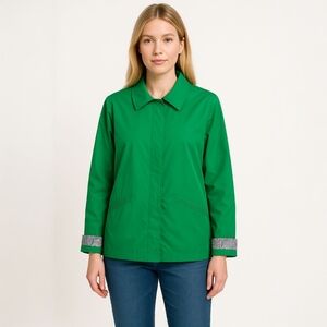 Chicos Kelly Green Paisley Trim Cuff Button Up Rain Jacket Size XL